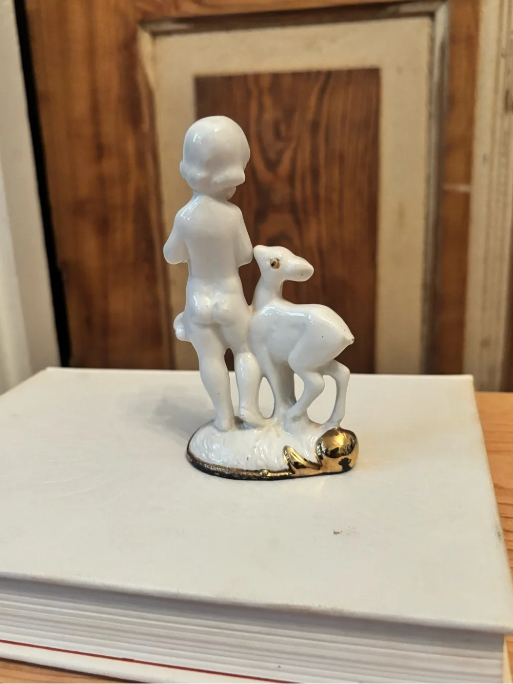 White Porcelain Girl and Fawn Figurine with Gold Base